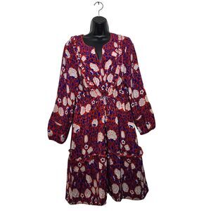 Rungolee Melodie Dress Size Medium Red Blue Floral Boho Ruffle Long Sleeve Pocke